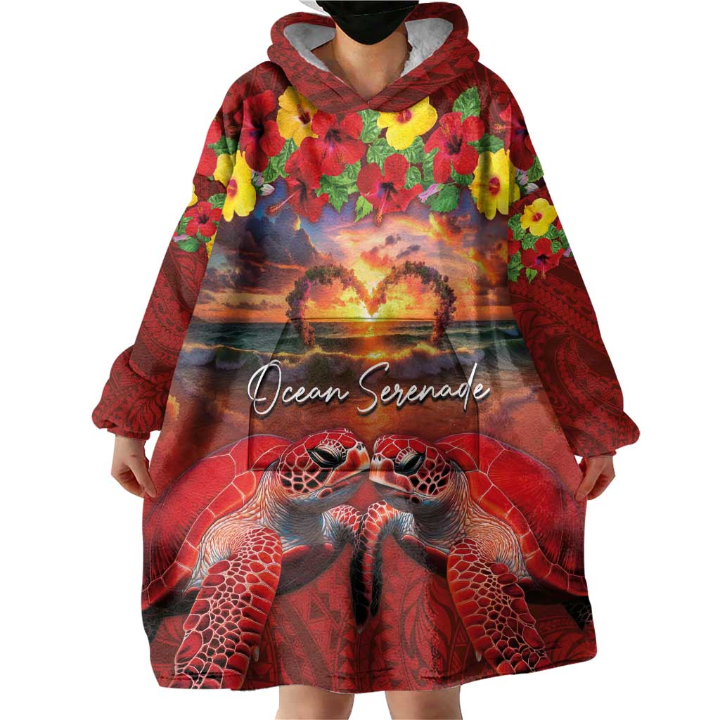 Hawaiian Turtle Love Couple Wearable Blanket Hoodie Ocean Serenade - Honu Honi Ihu with Hibiscus and Romantic Sunset Red Color LT03 - Polynesian Pride