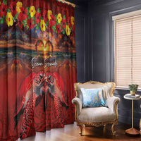 Hawaiian Turtle Love Couple Window Curtain Ocean Serenade - Honu Honi Ihu with Hibiscus and Romantic Sunset Red Color LT03 - Polynesian Pride