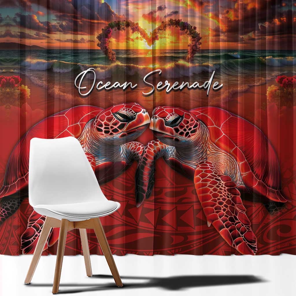 Hawaiian Turtle Love Couple Window Curtain Ocean Serenade - Honu Honi Ihu with Hibiscus and Romantic Sunset Red Color LT03 - Polynesian Pride