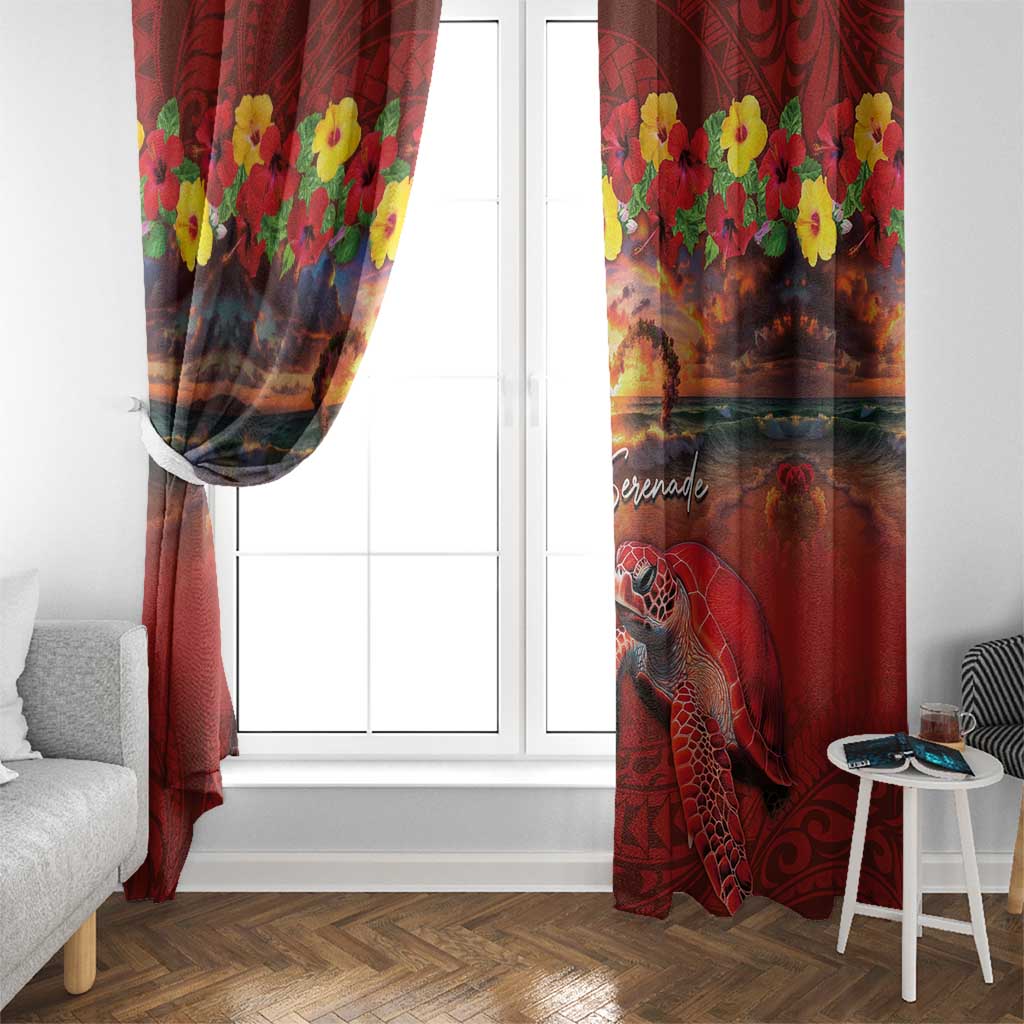 Hawaiian Turtle Love Couple Window Curtain Ocean Serenade - Honu Honi Ihu with Hibiscus and Romantic Sunset Red Color LT03 - Polynesian Pride