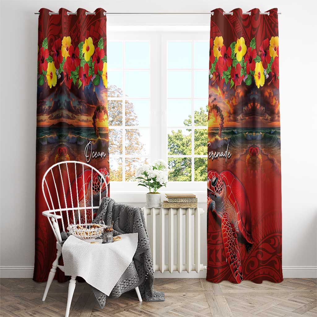 Hawaiian Turtle Love Couple Window Curtain Ocean Serenade - Honu Honi Ihu with Hibiscus and Romantic Sunset Red Color LT03 - Polynesian Pride