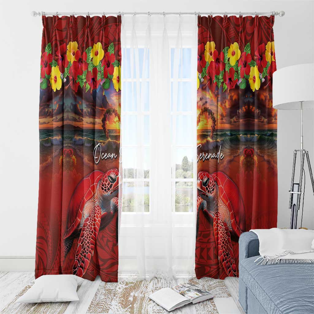 Hawaiian Turtle Love Couple Window Curtain Ocean Serenade - Honu Honi Ihu with Hibiscus and Romantic Sunset Red Color LT03 - Polynesian Pride