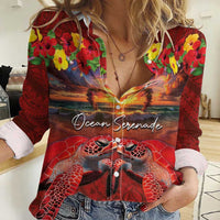 Hawaiian Turtle Love Couple Women Casual Shirt Ocean Serenade - Honu Honi Ihu with Hibiscus and Romantic Sunset Red Color LT03 Female Red - Polynesian Pride