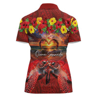 Hawaiian Turtle Love Couple Women Polo Shirt Ocean Serenade - Honu Honi Ihu with Hibiscus and Romantic Sunset Red Color