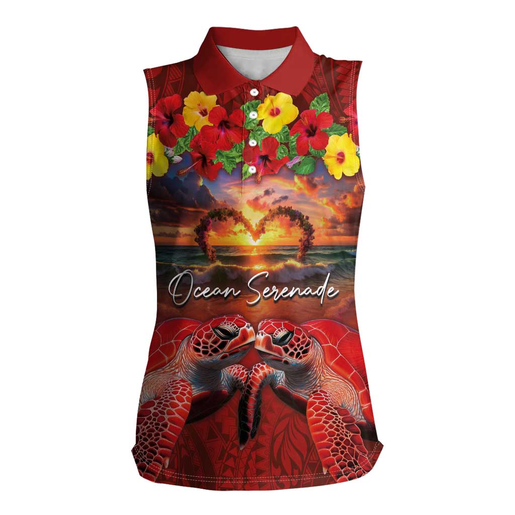 Hawaiian Turtle Love Couple Women Sleeveless Polo Shirt Ocean Serenade - Honu Honi Ihu with Hibiscus and Romantic Sunset Red Color LT03 Female Red - Polynesian Pride