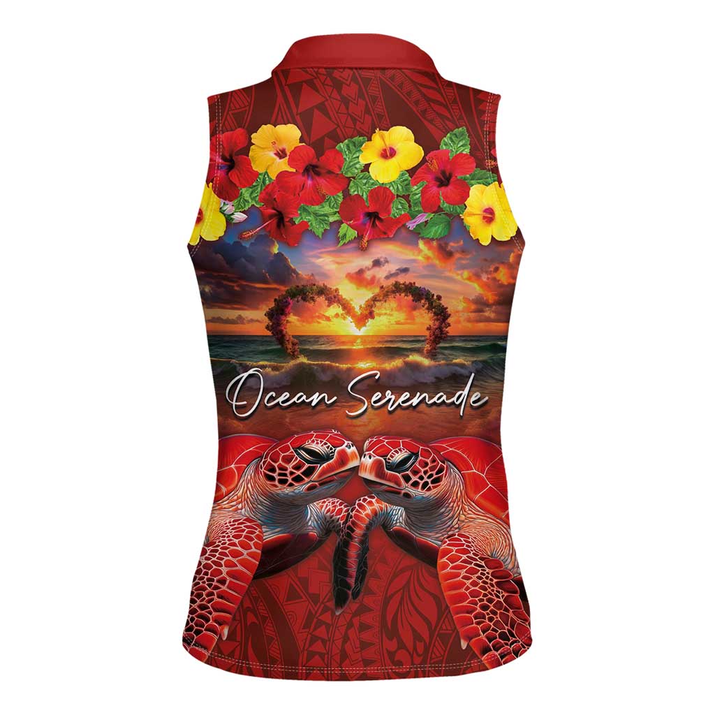 Hawaiian Turtle Love Couple Women Sleeveless Polo Shirt Ocean Serenade - Honu Honi Ihu with Hibiscus and Romantic Sunset Red Color LT03 - Polynesian Pride