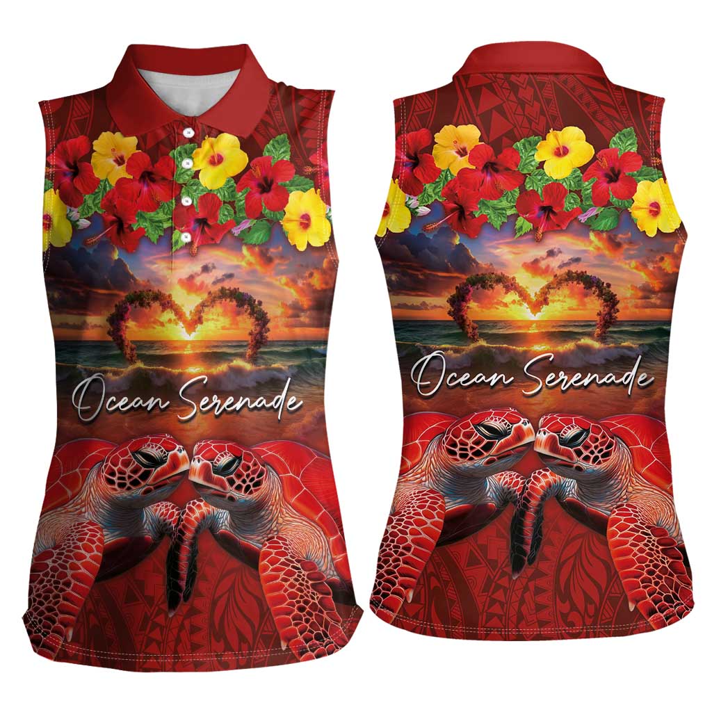 Hawaiian Turtle Love Couple Women Sleeveless Polo Shirt Ocean Serenade - Honu Honi Ihu with Hibiscus and Romantic Sunset Red Color LT03 - Polynesian Pride
