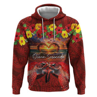 Hawaiian Turtle Love Couple Zip Hoodie Ocean Serenade - Honu Honi Ihu with Hibiscus and Romantic Sunset Red Color LT03 Pullover Hoodie Red - Polynesian Pride