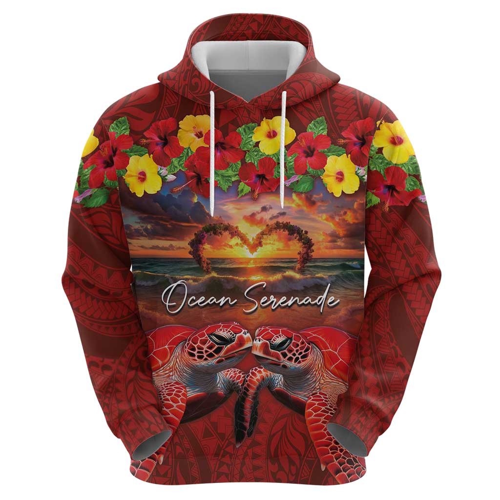 Hawaiian Turtle Love Couple Zip Hoodie Ocean Serenade - Honu Honi Ihu with Hibiscus and Romantic Sunset Red Color LT03 - Polynesian Pride