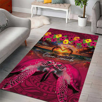 Hawaiian Turtle Love Couple Area Rug Ocean Serenade - Honu Honi Ihu with Hibiscus and Romantic Sunset Pink Color LT03 - Polynesian Pride