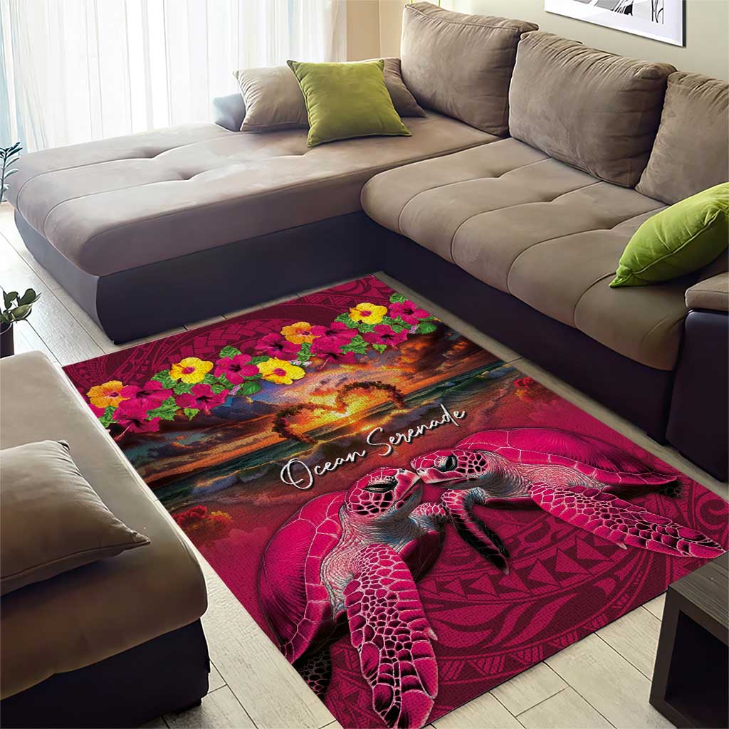Hawaiian Turtle Love Couple Area Rug Ocean Serenade - Honu Honi Ihu with Hibiscus and Romantic Sunset Pink Color LT03 - Polynesian Pride