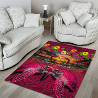 Hawaiian Turtle Love Couple Area Rug Ocean Serenade - Honu Honi Ihu with Hibiscus and Romantic Sunset Pink Color LT03 - Polynesian Pride