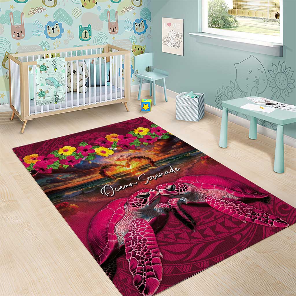 Hawaiian Turtle Love Couple Area Rug Ocean Serenade - Honu Honi Ihu with Hibiscus and Romantic Sunset Pink Color LT03 - Polynesian Pride