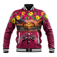 Hawaiian Turtle Love Couple Baseball Jacket Ocean Serenade - Honu Honi Ihu with Hibiscus and Romantic Sunset Pink Color LT03 Unisex Pink - Polynesian Pride