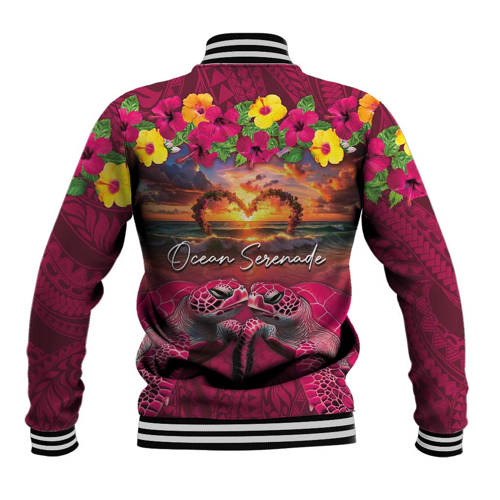 Hawaiian Turtle Love Couple Baseball Jacket Ocean Serenade - Honu Honi Ihu with Hibiscus and Romantic Sunset Pink Color LT03 - Polynesian Pride
