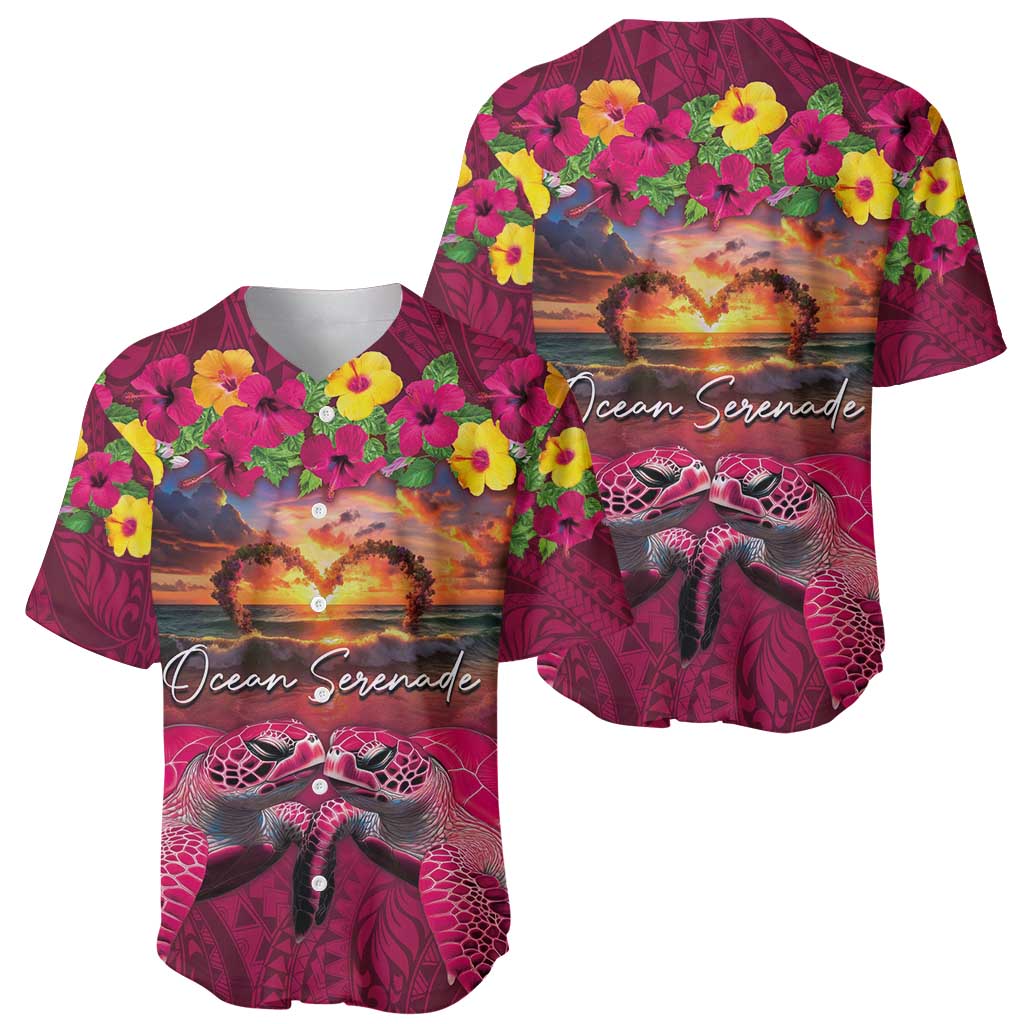 Hawaiian Turtle Love Couple Baseball Jersey Ocean Serenade - Honu Honi Ihu with Hibiscus and Romantic Sunset Pink Color LT03 - Polynesian Pride