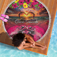 Hawaiian Turtle Love Couple Beach Blanket Ocean Serenade - Honu Honi Ihu with Hibiscus and Romantic Sunset Pink Color LT03 - Polynesian Pride