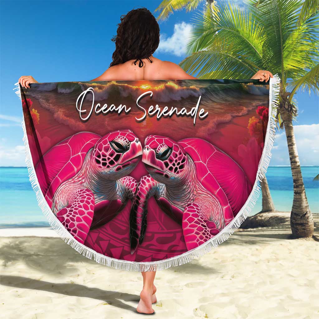 Hawaiian Turtle Love Couple Beach Blanket Ocean Serenade - Honu Honi Ihu with Hibiscus and Romantic Sunset Pink Color LT03 - Polynesian Pride