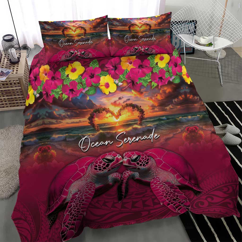 Hawaiian Turtle Love Couple Bedding Set Ocean Serenade - Honu Honi Ihu with Hibiscus and Romantic Sunset Pink Color LT03 - Polynesian Pride