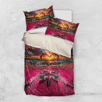 Hawaiian Turtle Love Couple Bedding Set Ocean Serenade - Honu Honi Ihu with Hibiscus and Romantic Sunset Pink Color LT03 US Twin 172cm x 218cm Pink - Polynesian Pride