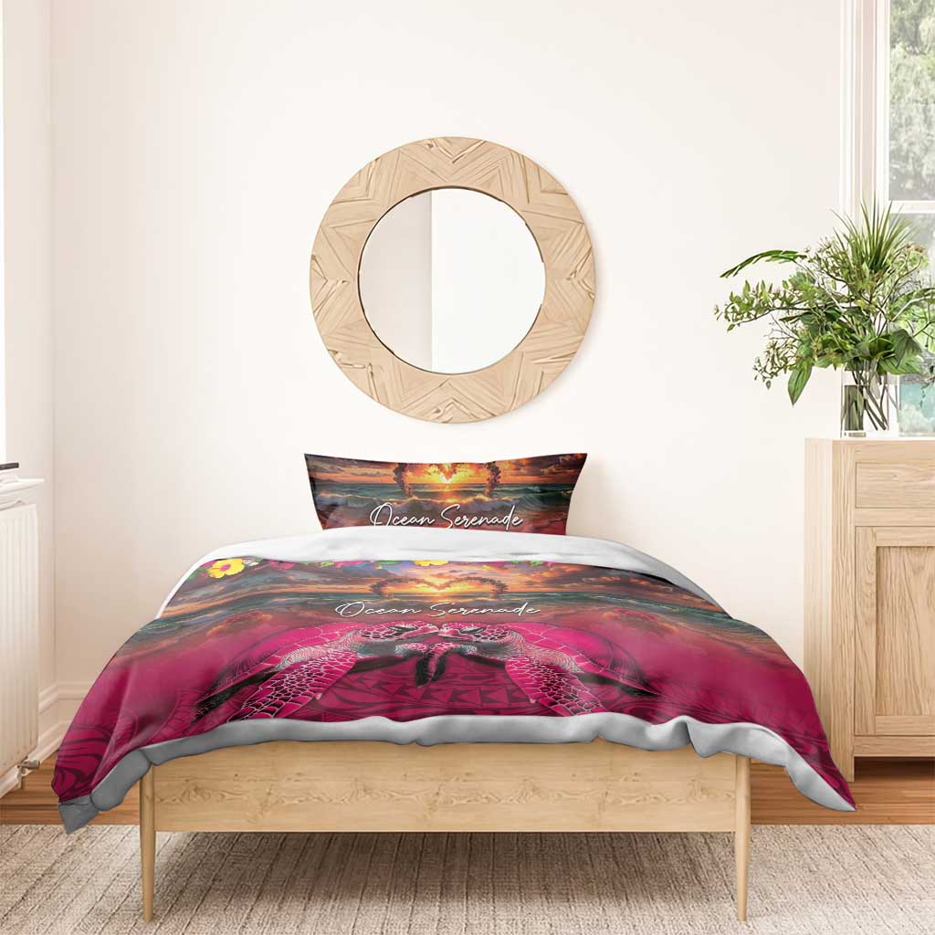 Hawaiian Turtle Love Couple Bedding Set Ocean Serenade - Honu Honi Ihu with Hibiscus and Romantic Sunset Pink Color LT03 - Polynesian Pride