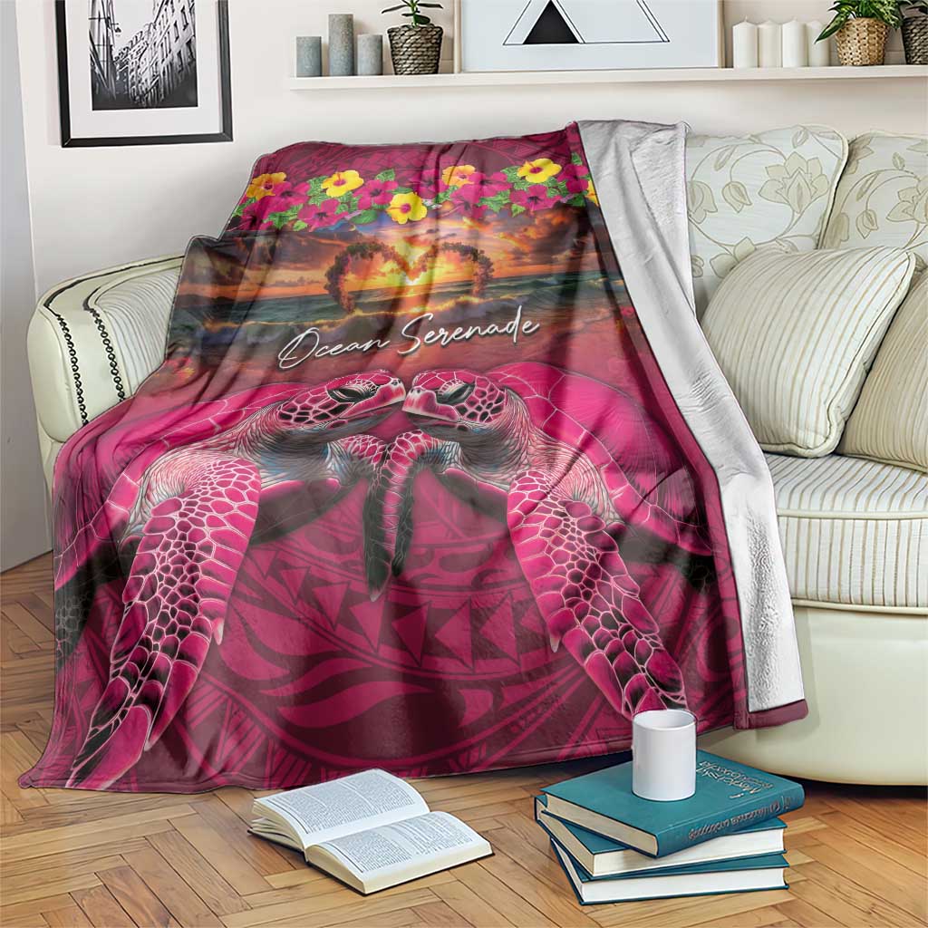 Hawaiian Turtle Love Couple Blanket Ocean Serenade - Honu Honi Ihu with Hibiscus and Romantic Sunset Pink Color LT03 Pink - Polynesian Pride