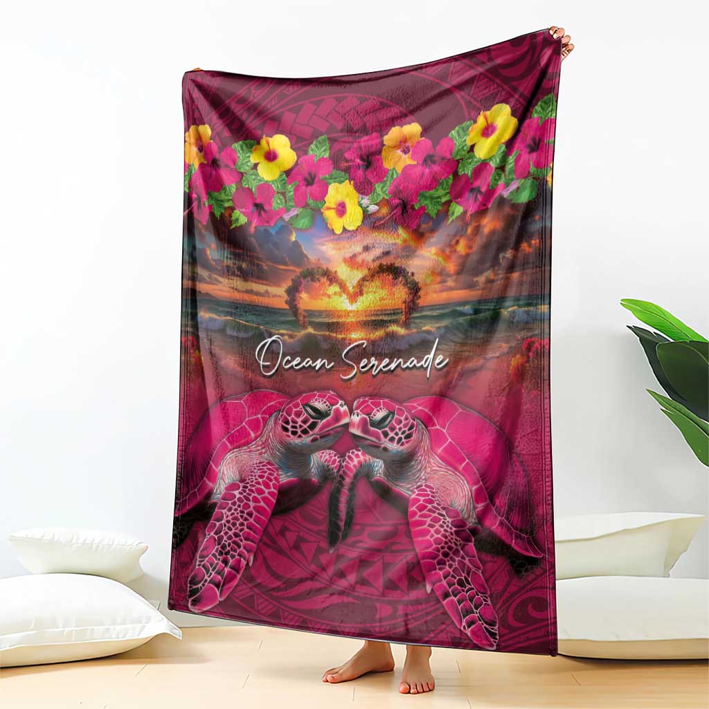 Hawaiian Turtle Love Couple Blanket Ocean Serenade - Honu Honi Ihu with Hibiscus and Romantic Sunset Pink Color LT03 - Polynesian Pride