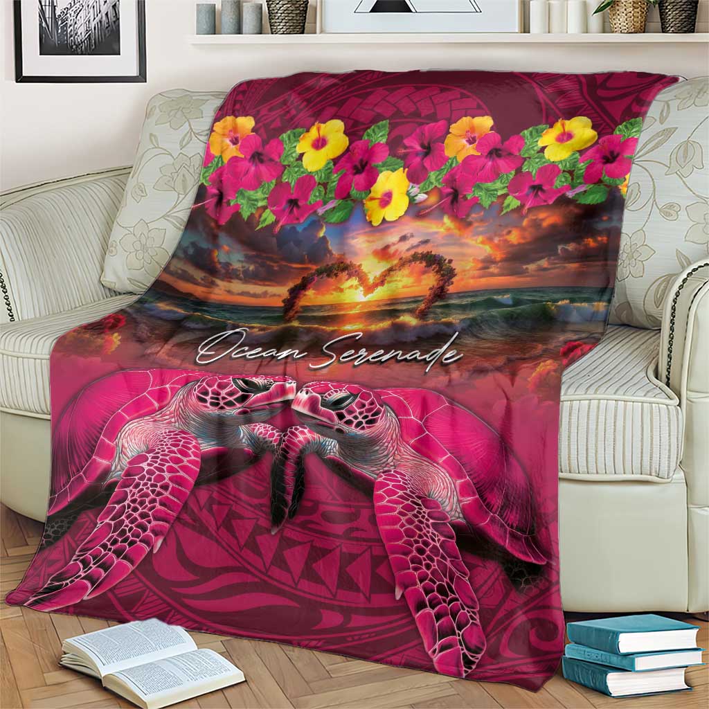 Hawaiian Turtle Love Couple Blanket Ocean Serenade - Honu Honi Ihu with Hibiscus and Romantic Sunset Pink Color LT03 - Polynesian Pride