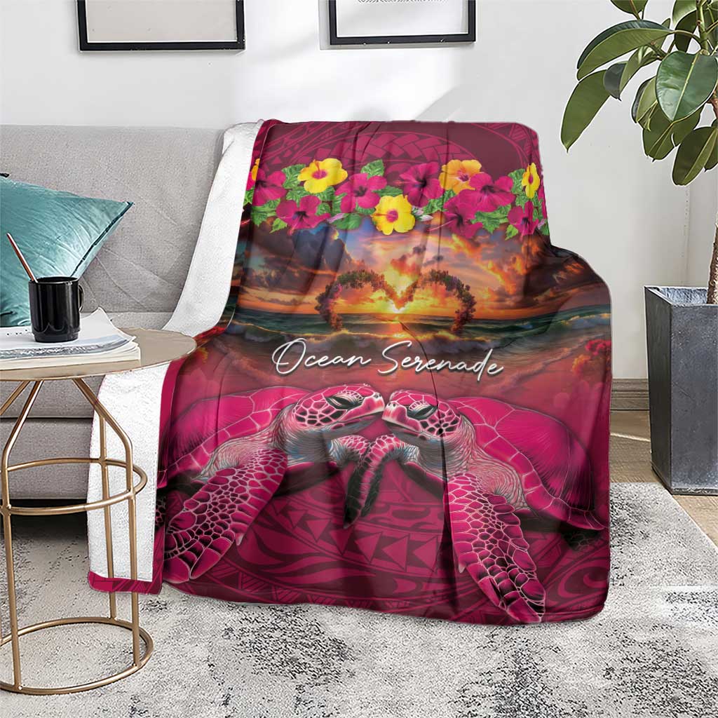 Hawaiian Turtle Love Couple Blanket Ocean Serenade - Honu Honi Ihu with Hibiscus and Romantic Sunset Pink Color LT03 - Polynesian Pride