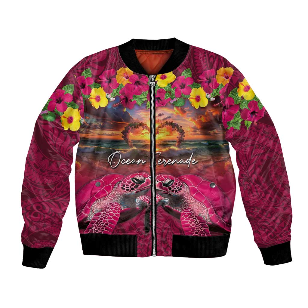 Hawaiian Turtle Love Couple Bomber Jacket Ocean Serenade - Honu Honi Ihu with Hibiscus and Romantic Sunset Pink Color LT03 Unisex Pink - Polynesian Pride