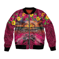 Hawaiian Turtle Love Couple Bomber Jacket Ocean Serenade - Honu Honi Ihu with Hibiscus and Romantic Sunset Pink Color LT03 Unisex Pink - Polynesian Pride