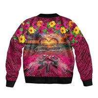 Hawaiian Turtle Love Couple Bomber Jacket Ocean Serenade - Honu Honi Ihu with Hibiscus and Romantic Sunset Pink Color LT03 - Polynesian Pride