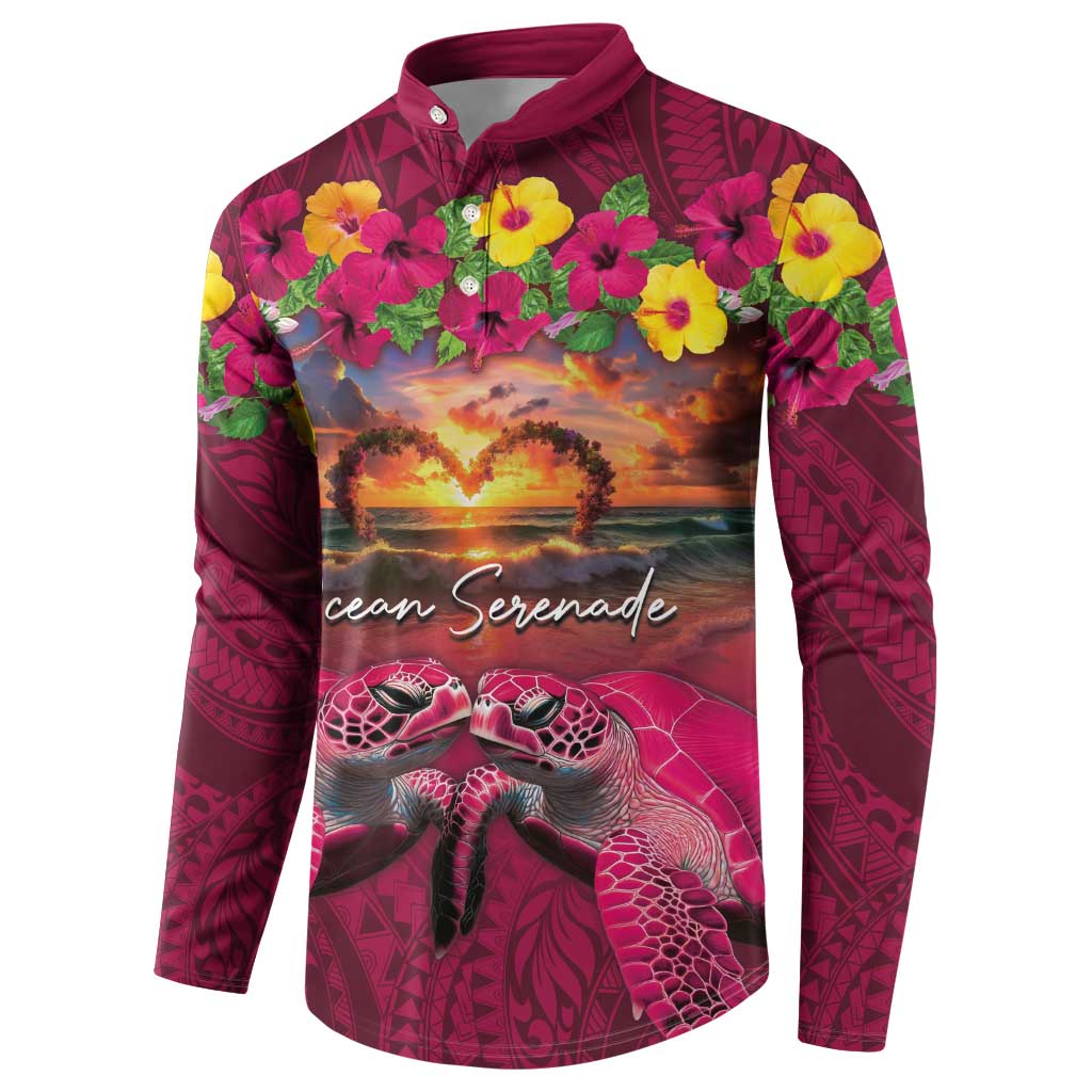 Hawaiian Turtle Love Couple Button Sweatshirt Ocean Serenade - Honu Honi Ihu with Hibiscus and Romantic Sunset Pink Color LT03 - Polynesian Pride