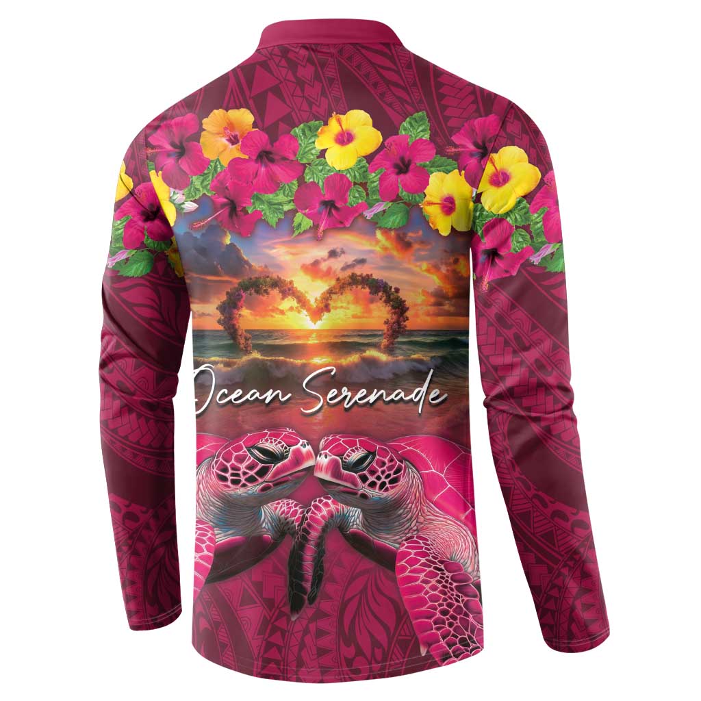 Hawaiian Turtle Love Couple Button Sweatshirt Ocean Serenade - Honu Honi Ihu with Hibiscus and Romantic Sunset Pink Color LT03 - Polynesian Pride