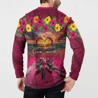 Hawaiian Turtle Love Couple Button Sweatshirt Ocean Serenade - Honu Honi Ihu with Hibiscus and Romantic Sunset Pink Color LT03 - Polynesian Pride