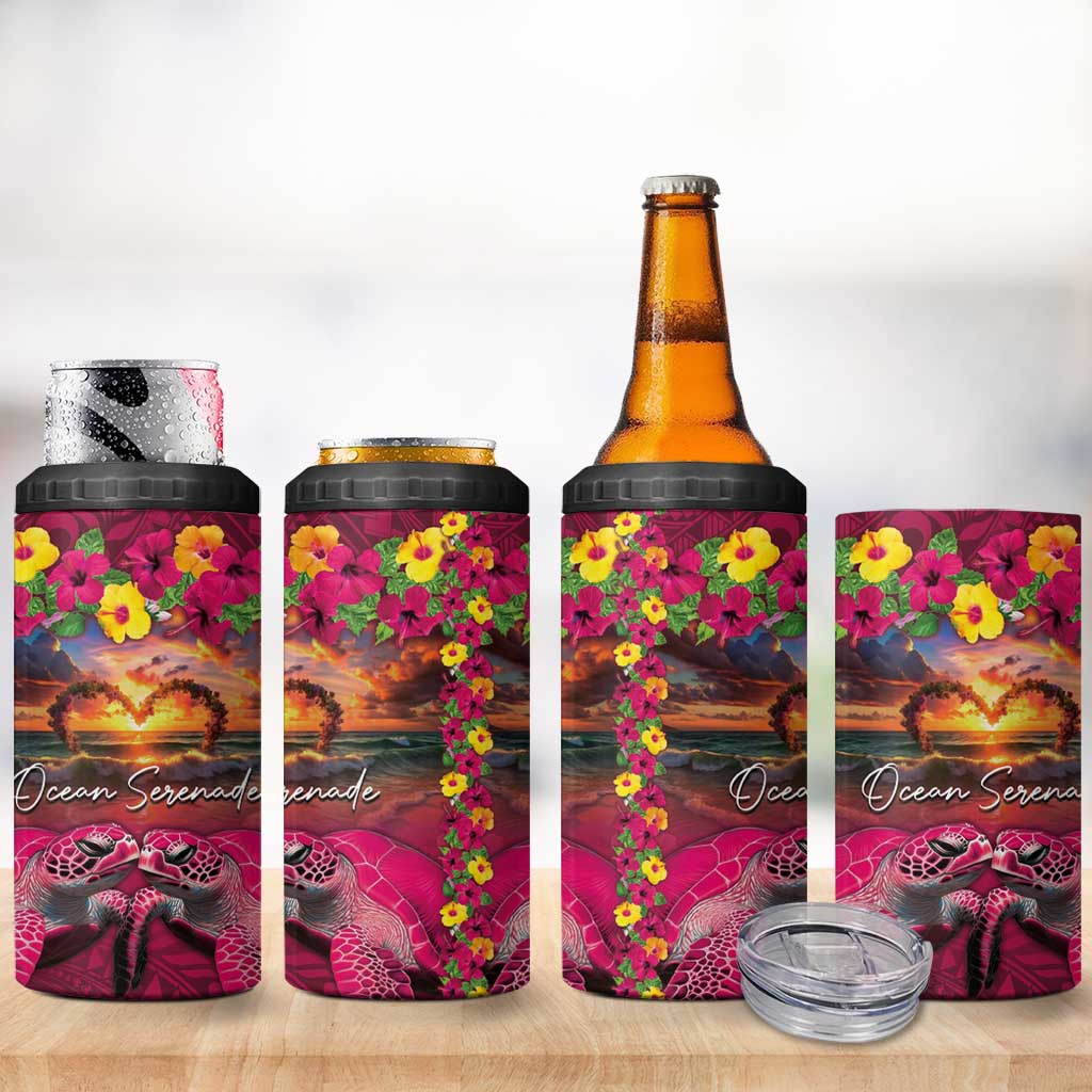 Hawaiian Turtle Love Couple 4 in 1 Can Cooler Tumbler Ocean Serenade - Honu Honi Ihu with Hibiscus and Romantic Sunset Pink Color LT03 - Polynesian Pride