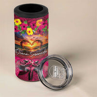 Hawaiian Turtle Love Couple 4 in 1 Can Cooler Tumbler Ocean Serenade - Honu Honi Ihu with Hibiscus and Romantic Sunset Pink Color LT03 - Polynesian Pride