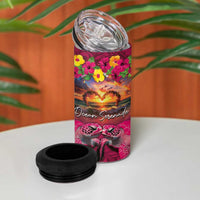 Hawaiian Turtle Love Couple 4 in 1 Can Cooler Tumbler Ocean Serenade - Honu Honi Ihu with Hibiscus and Romantic Sunset Pink Color LT03 - Polynesian Pride
