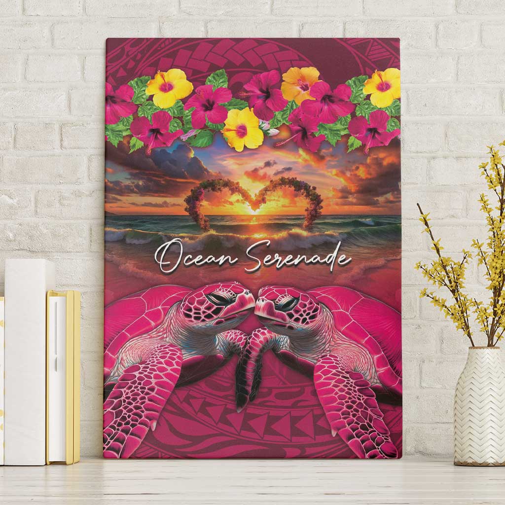 Hawaiian Turtle Love Couple Canvas Wall Art Ocean Serenade - Honu Honi Ihu with Hibiscus and Romantic Sunset Pink Color LT03 Without Frame Pink - Polynesian Pride