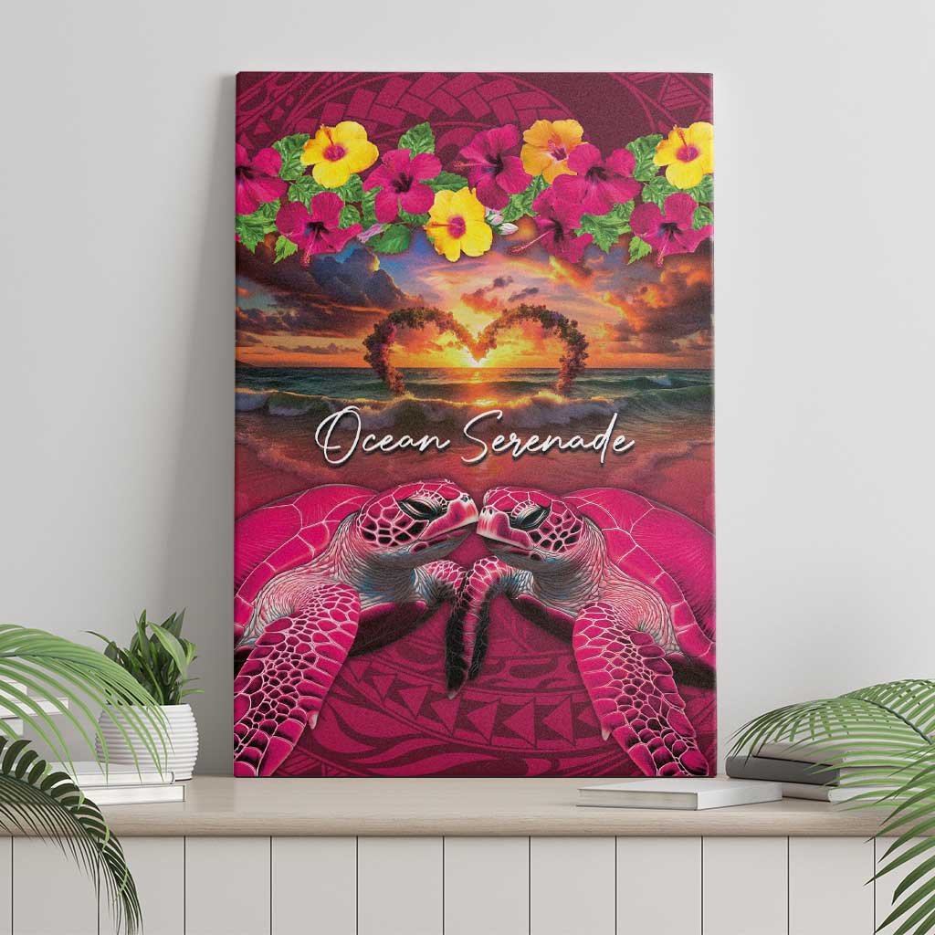 Hawaiian Turtle Love Couple Canvas Wall Art Ocean Serenade - Honu Honi Ihu with Hibiscus and Romantic Sunset Pink Color LT03 - Polynesian Pride