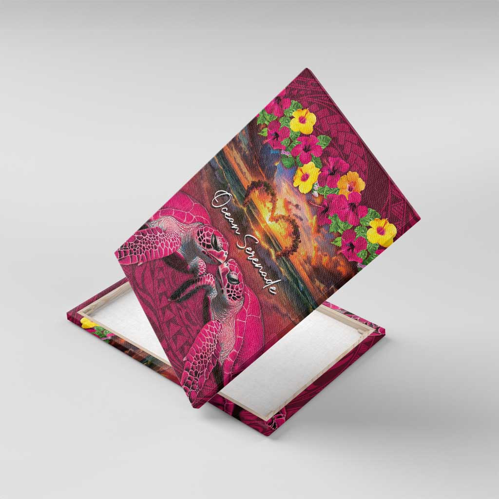 Hawaiian Turtle Love Couple Canvas Wall Art Ocean Serenade - Honu Honi Ihu with Hibiscus and Romantic Sunset Pink Color LT03 With Frame Pink - Polynesian Pride