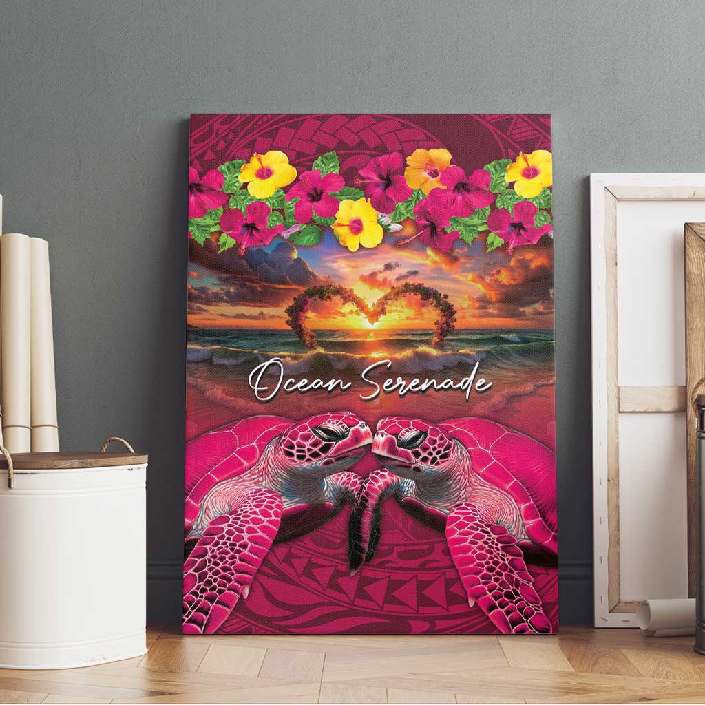 Hawaiian Turtle Love Couple Canvas Wall Art Ocean Serenade - Honu Honi Ihu with Hibiscus and Romantic Sunset Pink Color LT03 - Polynesian Pride