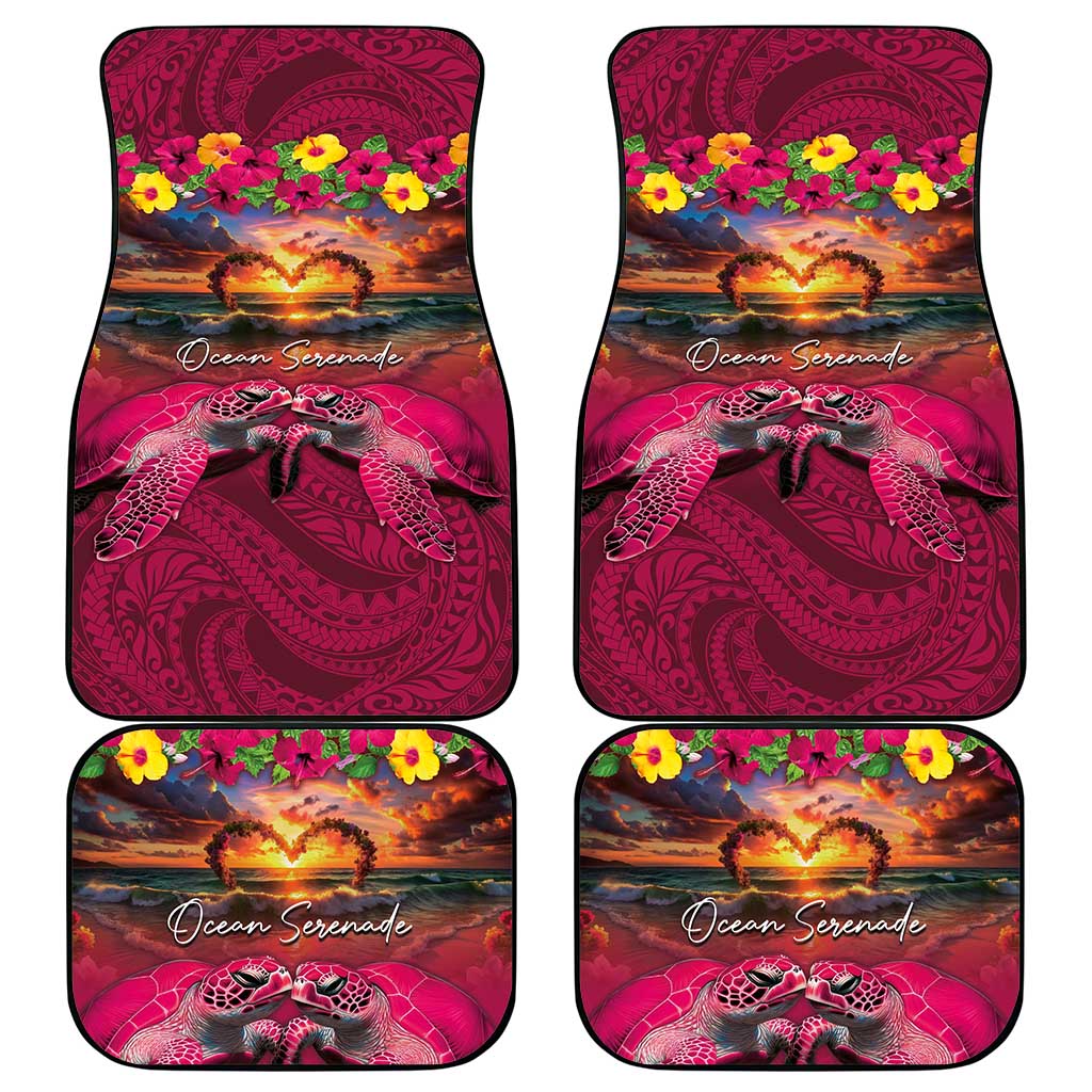 Hawaiian Turtle Love Couple Car Mats Ocean Serenade - Honu Honi Ihu with Hibiscus and Romantic Sunset Pink Color LT03 - Polynesian Pride