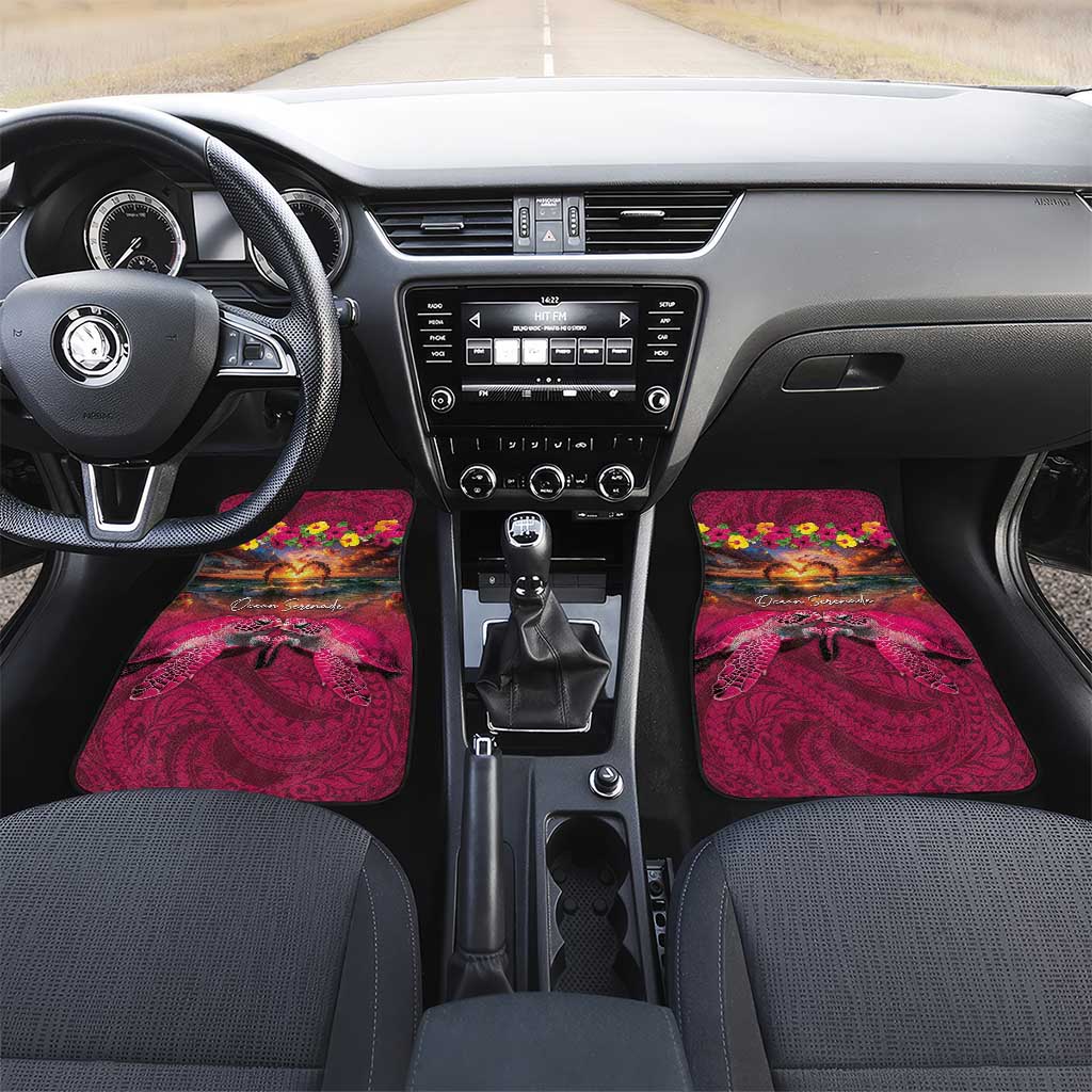 Hawaiian Turtle Love Couple Car Mats Ocean Serenade - Honu Honi Ihu with Hibiscus and Romantic Sunset Pink Color LT03 Set 2pcs - Front Pink - Polynesian Pride