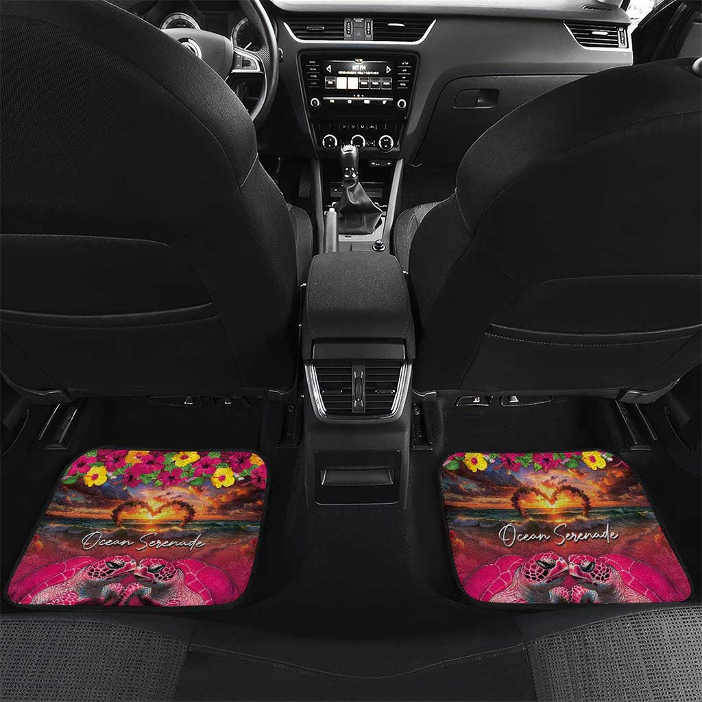 Hawaiian Turtle Love Couple Car Mats Ocean Serenade - Honu Honi Ihu with Hibiscus and Romantic Sunset Pink Color LT03 Set 2pcs - Back Pink - Polynesian Pride