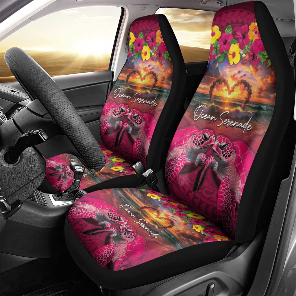 Hawaiian Turtle Love Couple Car Seat Cover Ocean Serenade - Honu Honi Ihu with Hibiscus and Romantic Sunset Pink Color LT03 - Polynesian Pride