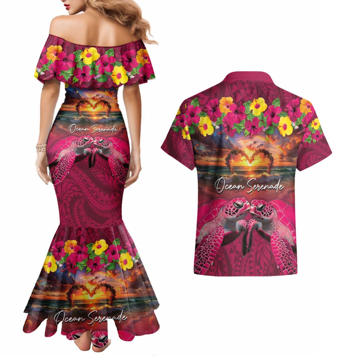 Hawaiian Turtle Love Couple Couples Matching Mermaid Dress and Hawaiian Shirt Ocean Serenade - Honu Honi Ihu with Hibiscus and Romantic Sunset Pink Color LT03 - Polynesian Pride