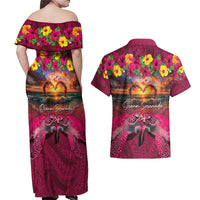 Hawaiian Turtle Love Couple Couples Matching Off Shoulder Maxi Dress and Hawaiian Shirt Ocean Serenade - Honu Honi Ihu with Hibiscus and Romantic Sunset Pink Color LT03 - Polynesian Pride