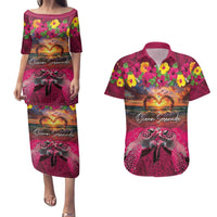 Hawaiian Turtle Love Couple Couples Matching Puletasi and Hawaiian Shirt Ocean Serenade - Honu Honi Ihu with Hibiscus and Romantic Sunset Pink Color LT03 Pink - Polynesian Pride