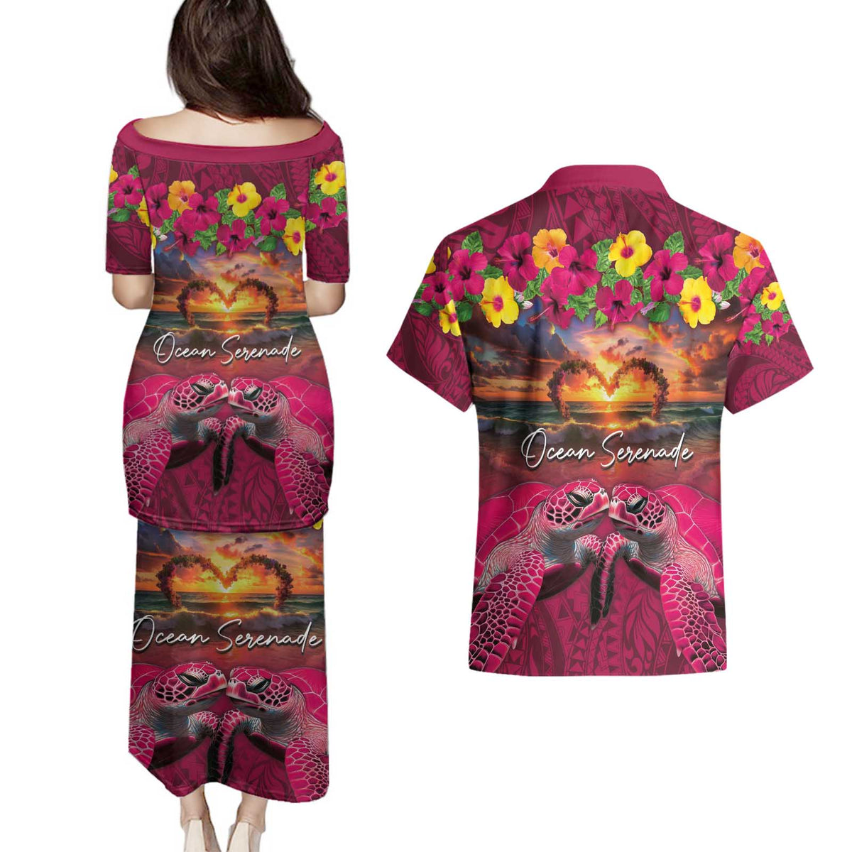 Hawaiian Turtle Love Couple Couples Matching Puletasi and Hawaiian Shirt Ocean Serenade - Honu Honi Ihu with Hibiscus and Romantic Sunset Pink Color LT03 - Polynesian Pride